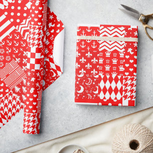 Red White Mixed Patterns Patchwork Design  Wrapping Paper