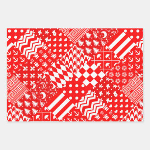 Red White Mixed Patterns Patchwork Design Wrapping Paper Sheet