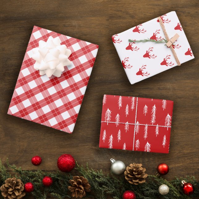 Red White Mixed Rustic Patterns Deer Woods Plaid Wrapping Paper Sheet (Creator Uploaded)