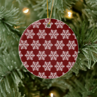 Red White Modern Snowflake Christmas Pattern Ceramic Ornament
