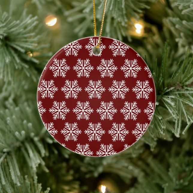 Red White Modern Snowflake Christmas Pattern Ceramic Ornament (Tree)