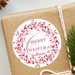 Red & White Modern Wildflower Wreath Christmas Classic Round Sticker<br><div class="desc">This elegant Christmas sticker features wildflower silhouette wreath with stylish calligraphy.</div>