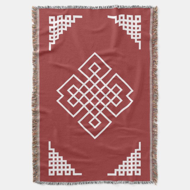 Red & White Mongolian Traditional Pattern Throw Blanket (Front Vertical)
