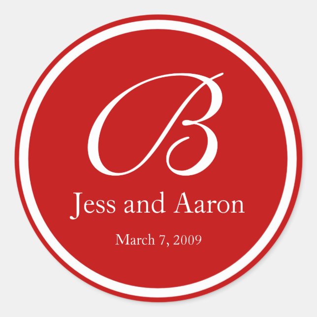 Red White Monogram Classic Round Sticker (Front)