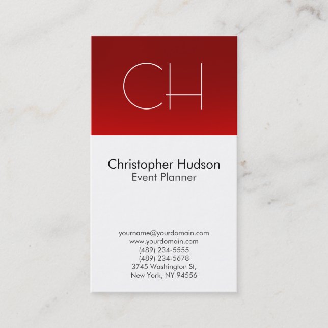 Red White Monogram Event Planner Business Card (Front)