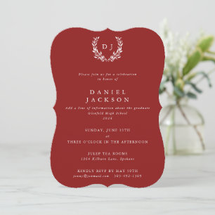 Red + White Monogram Laurel Wreath Graduation Invitation