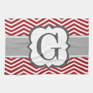 Red White Monogram Letter G Chevron Tea Towel