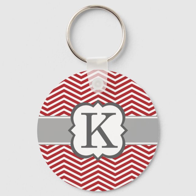 Red White Monogram Letter K Chevron Key Ring (Front)
