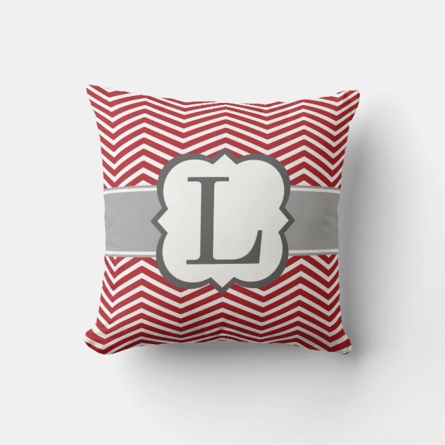 Red White Monogram Letter L Chevron Cushion (Front)