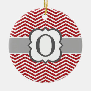 Red White Monogram Letter O Chevron Ceramic Tree Decoration
