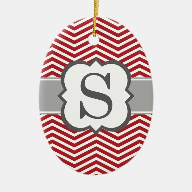 Red White Monogram Letter S Chevron Ceramic Tree Decoration (Front)