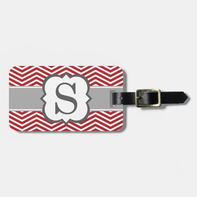 Red White Monogram Letter S Chevron Luggage Tag (Front Horizontal)
