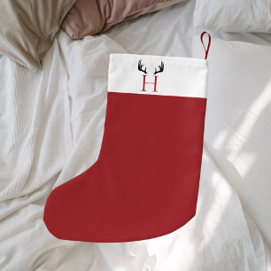 Red white monogram modern antlers small christmas stocking