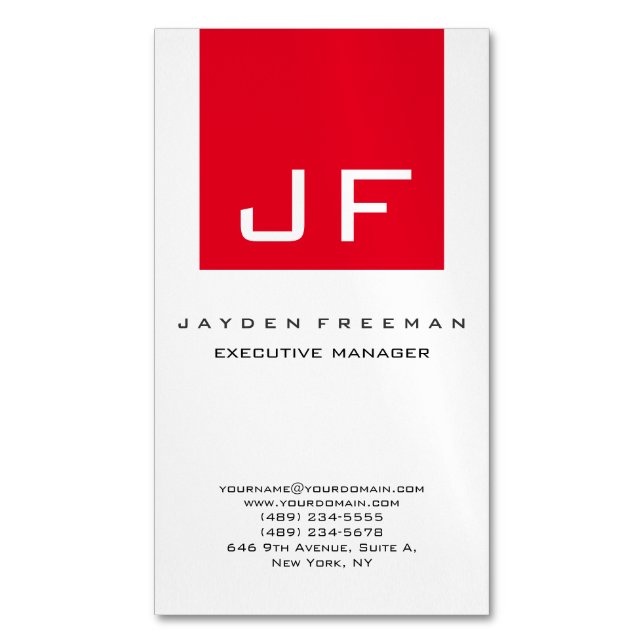 Red White Monogram Modern Minimalist Magnetic Business Card (Front Vertical)