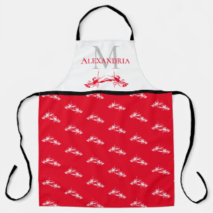 Red White Monogram Name Lobster Pattern Apron