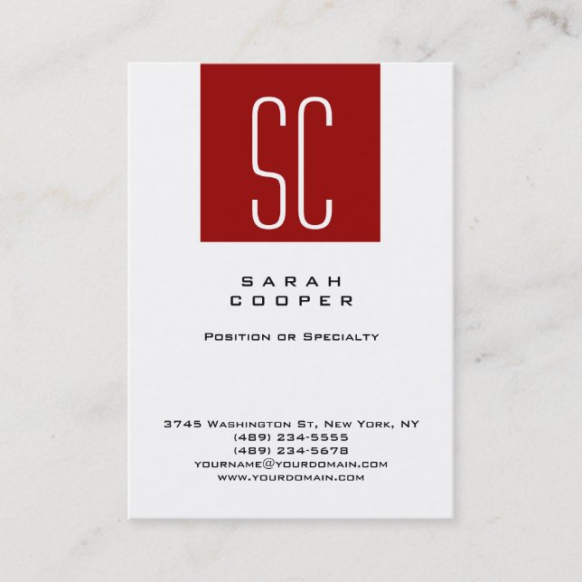 Red White Monogram Simple Plain Clean Professional Business Card (Front)