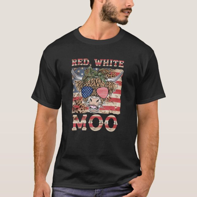 Red White Moo Cute American Cow Farmer 4th Of July T-Shirt (Front)