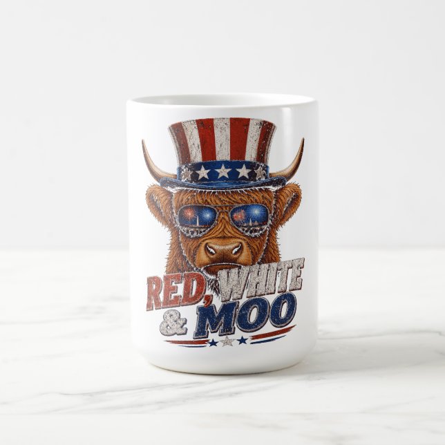 Red White & Moo Highland Cow - Funny 4th of  Coffee Mug (Center)