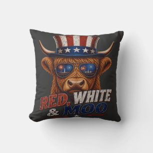 Red White & Moo Highland Cow - Funny 4th of  Cushion