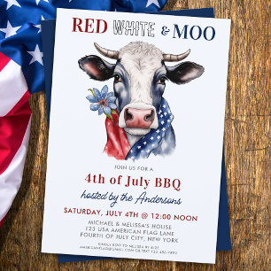 Red White Moo Patriotic Cow Farm 4th Of July Invitation