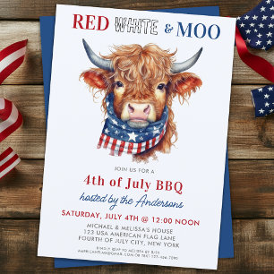 Red White Moo Patriotic Highland Cow 4th Of July Invitation