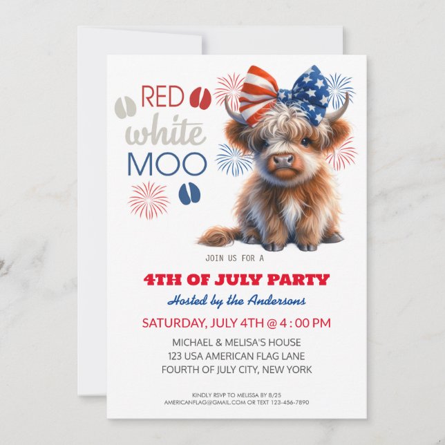 Red White Moo Patriotic highland cow 4th Of July  Invitation (Front)