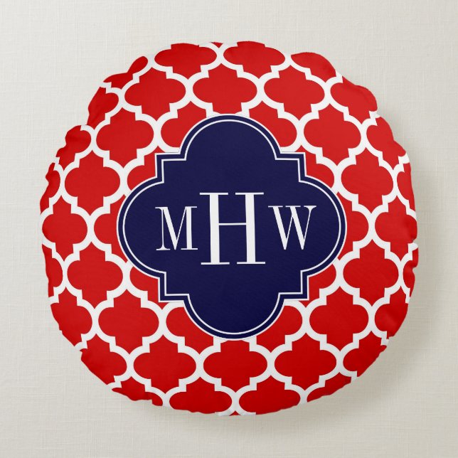 Red White Moroccan #5 Navy Blue 3 Initial Monogram Round Cushion (Front)