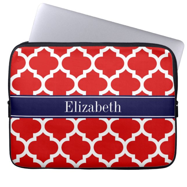 Red White Moroccan #5 Navy Blue Name Monogram Laptop Sleeve (Front)