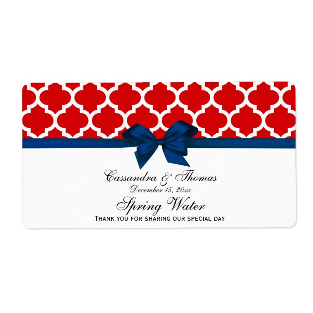 Red, White Moroccan Navy Bow Party Water Label (Front)