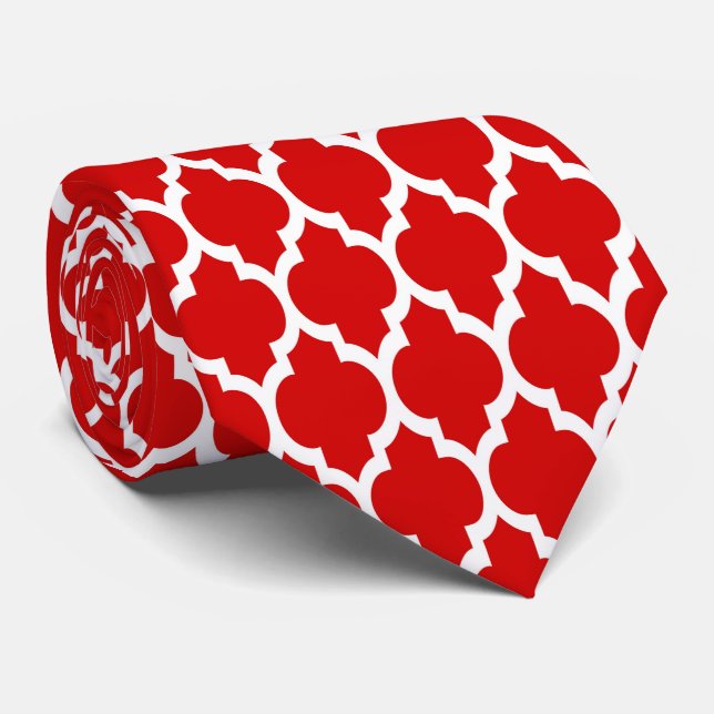 Red White Moroccan Quatrefoil Pattern #4 Tie (Rolled)