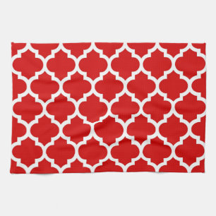 Red White Moroccan Quatrefoil Pattern #5 Tea Towel