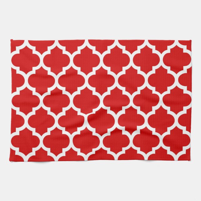 Red White Moroccan Quatrefoil Pattern #5 Tea Towel (Horizontal)