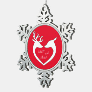Red & White Mr & Mrs Deer Couple Snowflake Pewter Christmas Ornament