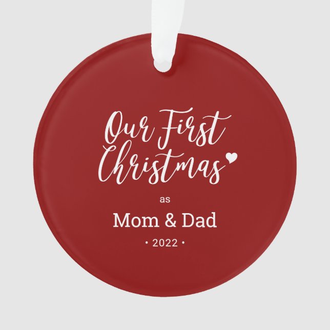 Red & White Mum Dad First Christmas Photo Ornament (Front)