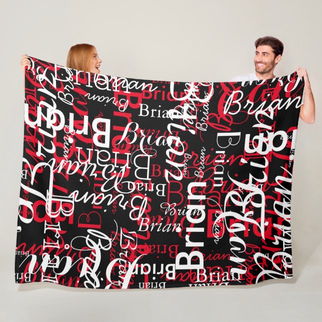 Red & White Name Cool Pattern all over Black  Fleece Blanket (In Situ)