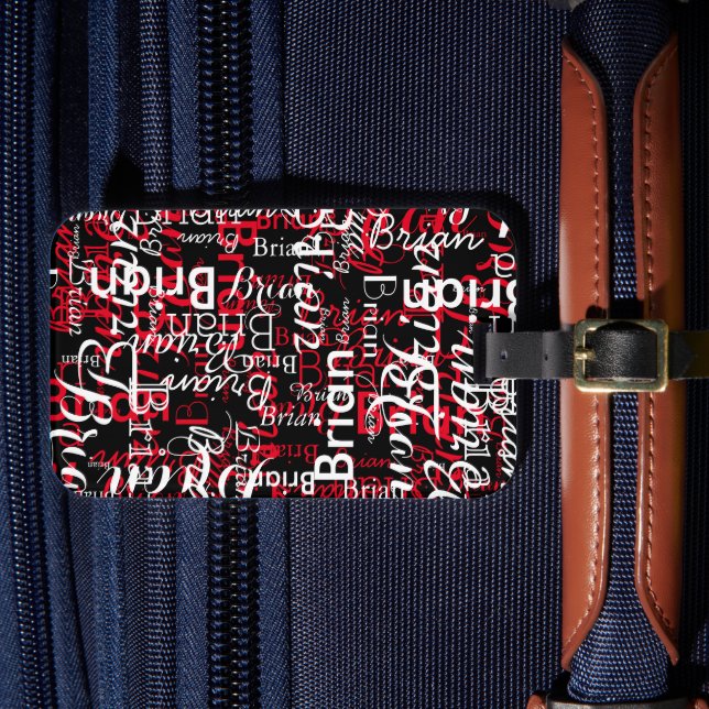 Red & White Name Pattern on Black  Luggage Tag (Front Insitu 4)