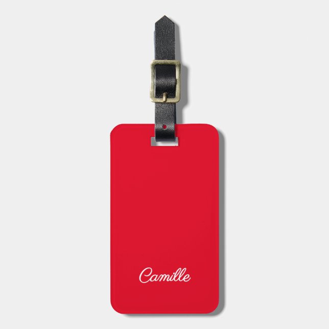 Red white name script modern simple luggage tag (Front Vertical)