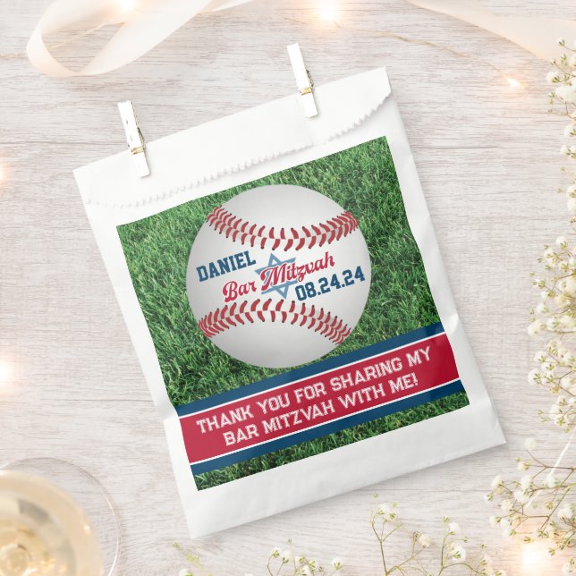 Red, White, Navy Baseball Bar Mitzvah Favour Bag (Clipped)