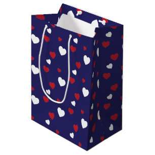 Red, White, Navy Blue Hearts Pattern Medium Gift Bag