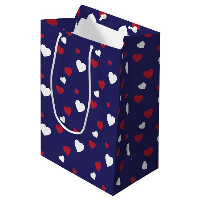 Red, White, Navy Blue Hearts Pattern Medium Gift Bag (Front Angled)