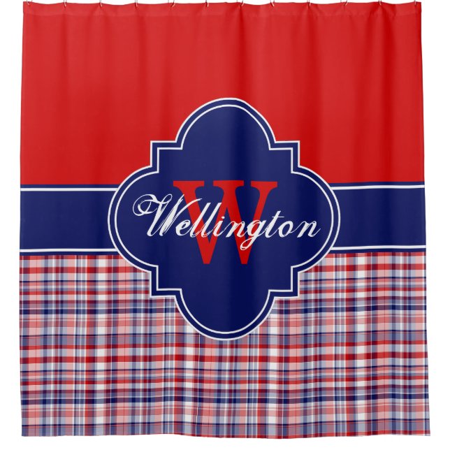 Red White Navy Blue Madras Plaid 1ICB Ribbon Name Shower Curtain (Front)
