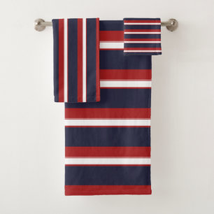 Red White Navy Blue Stripes Nautical Stripe Bath Towel Set