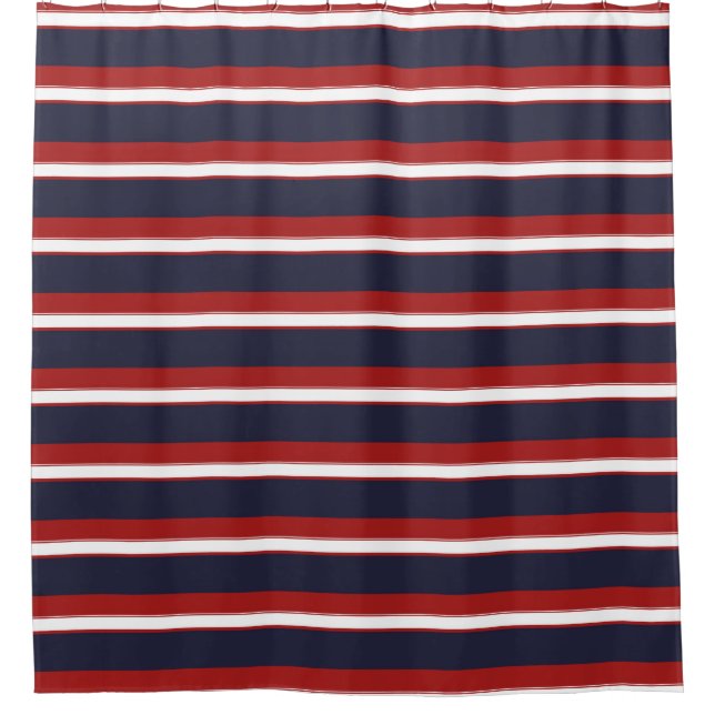 Red White Navy Blue Stripes Nautical Stripe Shower Curtain (Front)