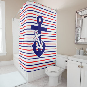 Red White & Navy Stripes W/Anchors Shower Curtain