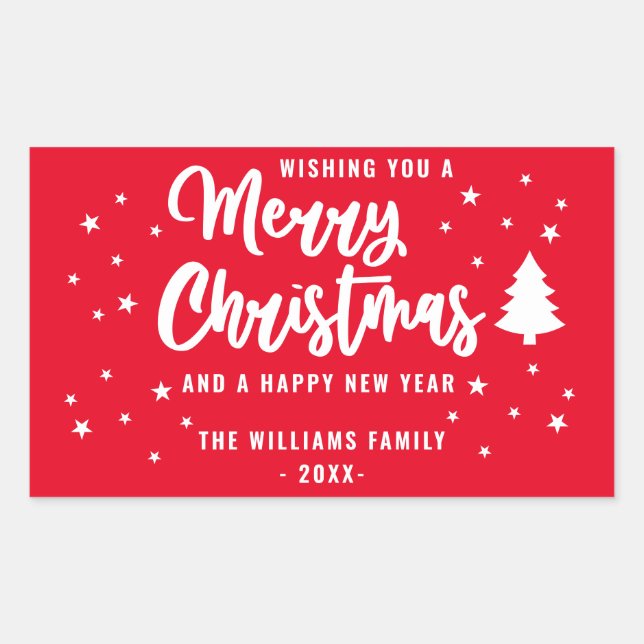 Red White Non Photo Family Name Merry Christmas Rectangular Sticker (Front)