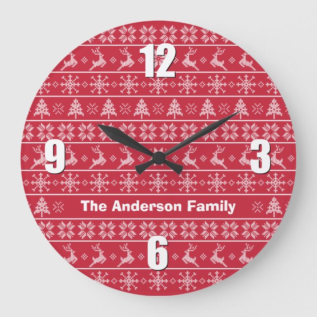 Red White Nordic Knit Ugly Sweater Name Modern Large Clock (Front)