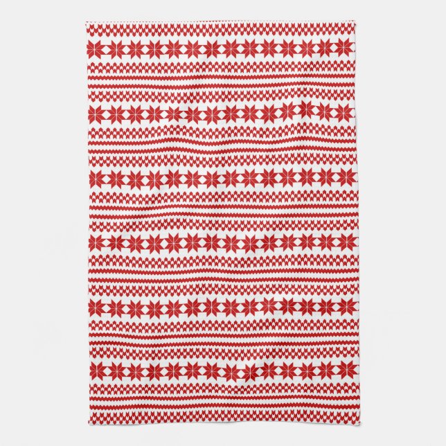 Red White Norwegian Christmas Sweater Pattern Tea Towel (Vertical)