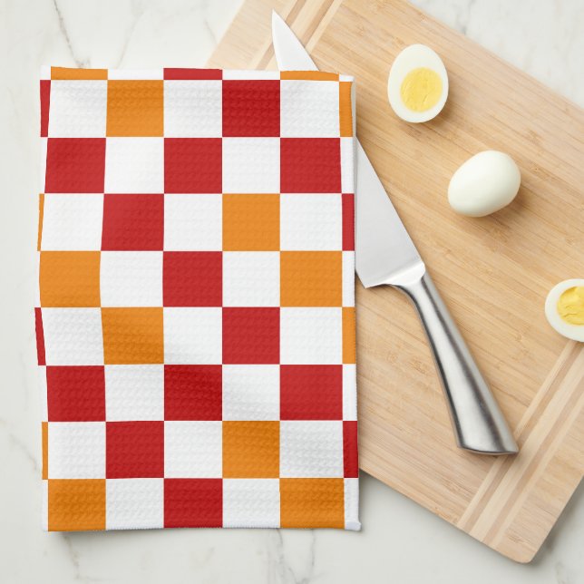 Red White Orange Chequered Pattern Design  Tea Towel (Quarter Fold)