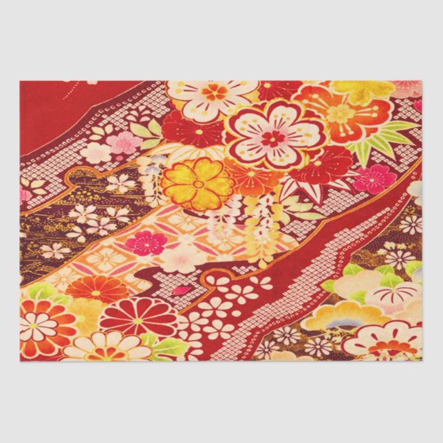  Red White Orange Japanese Kimono Floral Decoupage Tissue Paper (Front)
