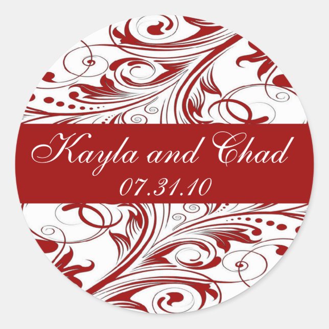 Red White Ornate Flourish Wedding Classic Round Sticker (Front)
